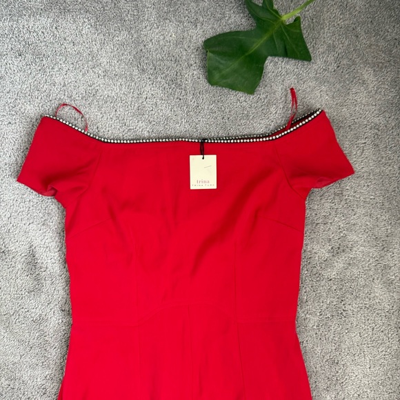 NWT TRINA BY TRINA TURK RED OFF THE SHOULDER RHINESTONE TRIM JUMPSUIT - Picture 2 of 2